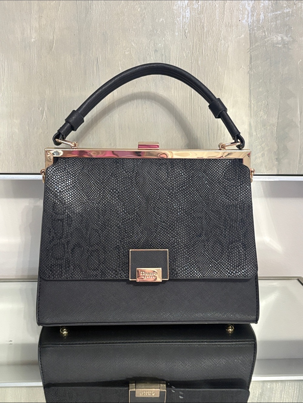 Dune London Black Top-Handle Satchel with Rose Gold Trim